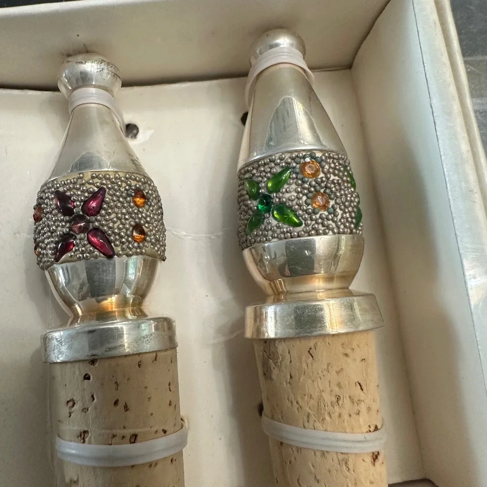 Pier 1 Exclusive Silver Plated Jeweled Bottle Wine Stoppers 4 pc New